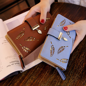 Lady PU Leather <b>Card</b> <b>Holder</b> <b>Wallet</b> with Leaf Pattern Zipper Closure Brown and Blue 7 Inch Multi <b>Card</b> Case <b>for</b> Women - Product Image 1