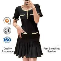 Robe mini trapèze noire tricotée vintage pour femme, collection été 2026, avec bordure contrastante et ourlet plissé, idéale pour le bureau – Personnalisation OEM/ODM