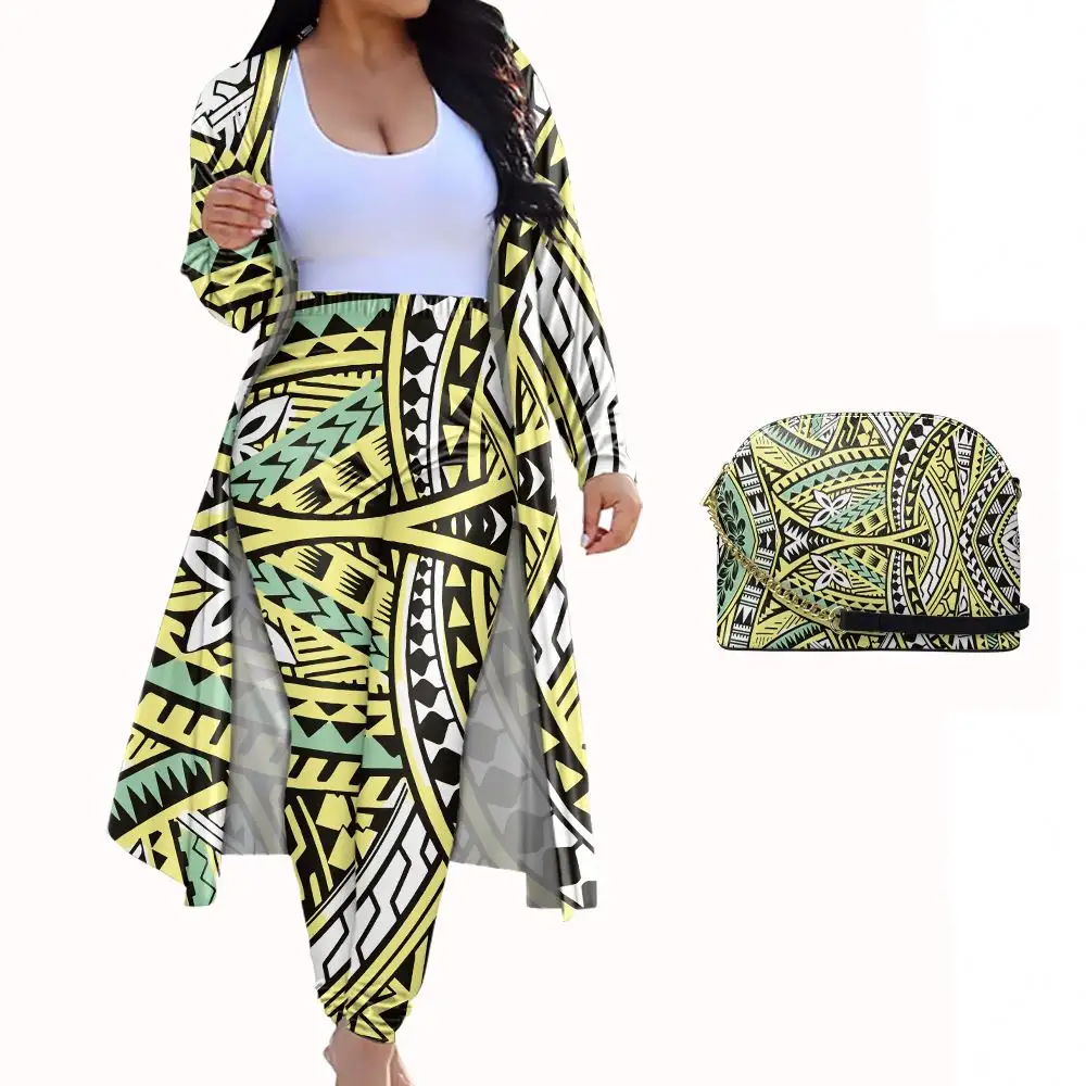 Wholesale Fashionable Polynesian Women Outfit Stretch Long Pant Matching Coat Set Mix Color Tribal Design Various Color Choice