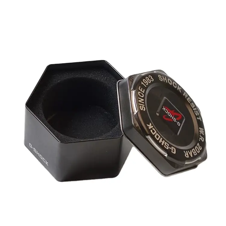 Trend 2022 Custom Logo Gift Display OEM Packaging Watch Storage Box Luxury Black Hexagon Fossil Black Metal Tin Box