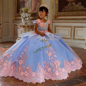 Abiti da ragazza di fiori blu di lusso per matrimonio da <span class=keywords><strong>principessa</strong></span> abito da ballo pizzo con scollo a V abito da prima comunione per bambini - Product Image 2