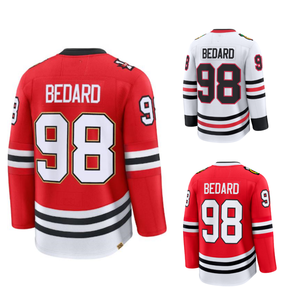 Camiseta de Hockey para Hombre Chicago Blackhawks Bedard 98, Transpirable, Invierno, Rojo Blanco, 100% Poliéster, Cuello Redondo, Deportiva - Product Image 1