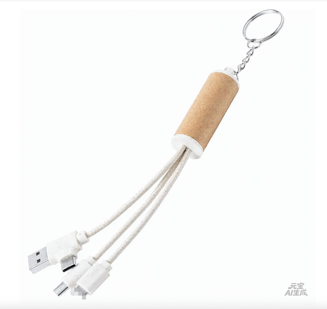 Eco Bamboo Cylinder Dual Input 3-in-1 Keychain Charging Cable, Biodegradable Wooden Fast Charge Cord, Small Gift Custom Logo