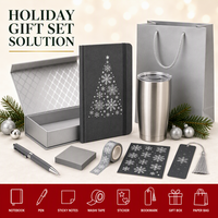 Coffret Cadeau d'Entreprise Personnalisé : Carnet A5 Rigide Gris Argenté à Motif Flocon de Neige Cousu, Stylo et Gobelet – 80