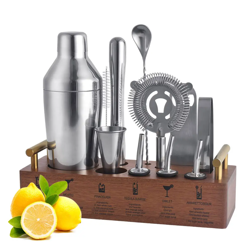 Creation Factory New Design Großhandel Jigger 12-teiliges Edelstahl Cocktail Shaker Set Barkeeper Kit mit Holz ständer