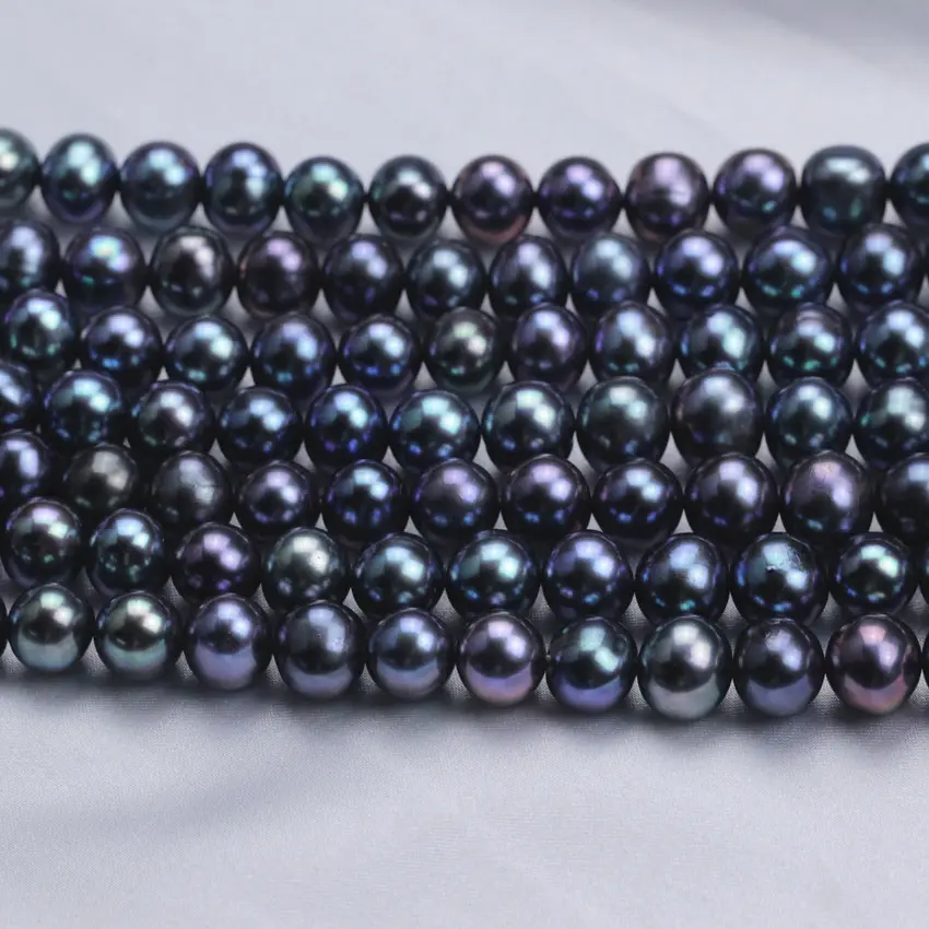 9-10mm Großhandel aus runden Pfau schwarz Farbe kultiviert Süßwasser Perle <span class=keywords><strong>Perlen</strong></span> Stränge in loser Schüttung
