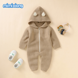Mimixiong लवली Hooded भालू कान बच्चे Romper सूट के लिए शरद ऋतु सर्दियों आरामदायक Soild रंग बुनाई कपड़े - Product Image 4