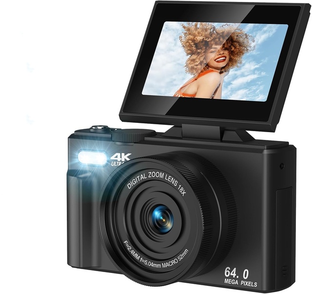 4K Digital Camera Camcorder for YouTube with Auto Focus 180° Foldable Screen 16X Digital Zoom 64MP Video Camera for Photography