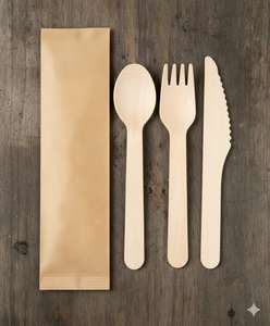 Tenedor, Cuchillo y Cuchara Biodegradables Ecológicos de Madera de Magnolia Conifera Envueltos en Papel Compostable - Product Image 3
