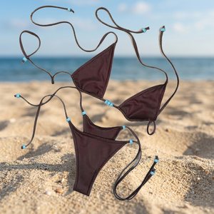 Wholesale Solid Color Simple Halter Neck Triangle Strap Thongs Bikini Sexy Bead <b>String</b> Waist Design Women's Swimsuit - Product Image 3