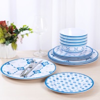 Service de table en mélamine décoratif bleu à motif floral, sans BPA, pour la maison, la cuisine, les cafés commerciaux, les événements et la mise en table
