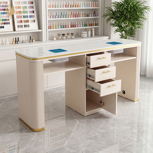Mesa de Manicura Doble de Lujo con Colector de Polvo Incorporado, Estación de Manicura Moderna con Patas de Columna Romana y Detalles Dorados para Salón de Belleza - Product Image 2