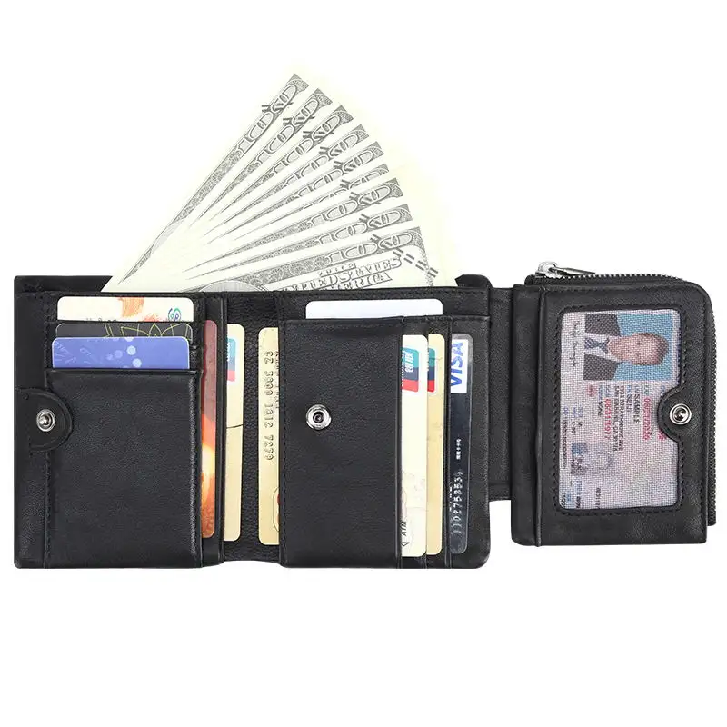 Tiding Custom Men Black Full Grain Zipper Coin Pocket With Sim Card Slot Vegetable Tanned Leather Trifold Wallet