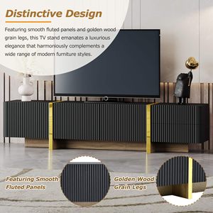 Meuble TV FANYIGE tendance de luxe, cannelé, 80 pouces, moderne, durable, avec tiroirs de rangement <span class=keywords><strong>grande</strong></span> capacité, <span class=keywords><strong>console</strong></span> multimédia, pieds <span class=keywords><strong>en</strong></span> <span class=keywords><strong>bois</strong></span> grainé doré - Product Image 3