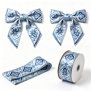 Nœud en satin bleu vintage à motif floral, prêt à l'emploi, pour décoration de mariage côtier, boîte cadeau style chinois, ornement floral extérieur - Product Image 6