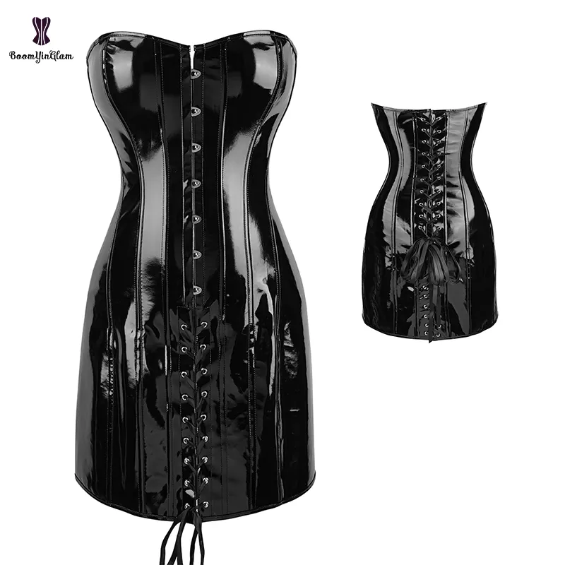 Solid Black Shinny Leather Bandage Corsets And Bustiers Wedding Dresses Sexy Corset Dress Plus S To XXXL