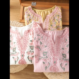 Women's <b>Linen</b> Blouse Embroidered Floral Loose Fit Summer <b>Top</b> Breathable Vintage Style Casual Wear - Product Image 5