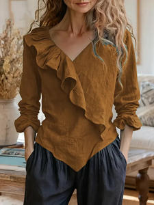 European American Cute Washable Women's Solid Color V-neck Long Sleeve Casual Loose Ruffled Cotton <b>Linen</b> <b>Top</b> - Product Image 2