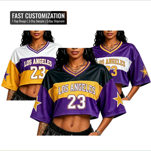 <span class=keywords><strong>Camiseta</strong></span> de malla oversize con hombros caídos para mujer, diseño personalizado con estampado de los <span class=keywords><strong>Lakers</strong></span> de Los Ángeles para el día del partido, estilo Y2K, ideal para el verano, con MOQ bajo. - Product Image 1