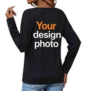 Women V Neck <b>Long</b> Sleeve <b>T</b> <b>Shirt</b> Slim Fit Casual <b>Black</b> 100% Polyester/Spandex/Cotton Knitted Breathable Heat Transfer Printing - Product Image 2