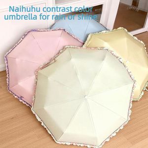 ร่มพับกันแดดกันฝนแบบสั่งทำ OEM น่ารัก ขอบระบายสีสันสดใส ป้องกันรังสียูวี พร้อมด้ามจับโค้งสำหรับผู้หญิงและเด็กผู้หญิง - Product Image 3