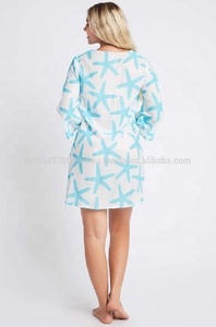 Bohemian Style Cotton Chiffon Dress Turquoise Star Print <b>Lantern</b> Sleeve <b>Mini</b> Casual Eco-Friendly Plus Size Summer Dress Women - Product Image 4
