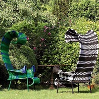 Fauteuil d'extérieur en corde tressée à dossier haut, chaise longue sculpturale en osier avec structure métallique pour jardin, terrasse, villa
