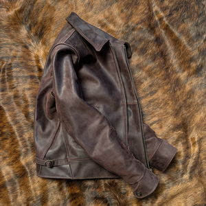 Veste en cuir courte pour homme, coupe slim, en cuir véritable Crazy Horse tanné à l'huile lourde des années 1930, épaisseur 1,8 mm, style vintage - Product Image 3
