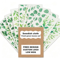 Chiffon de cuisine suédois imprimé feuilles vertes fraîches, en cellulose végétale naturelle, réutilisable, compostable, super absorbant