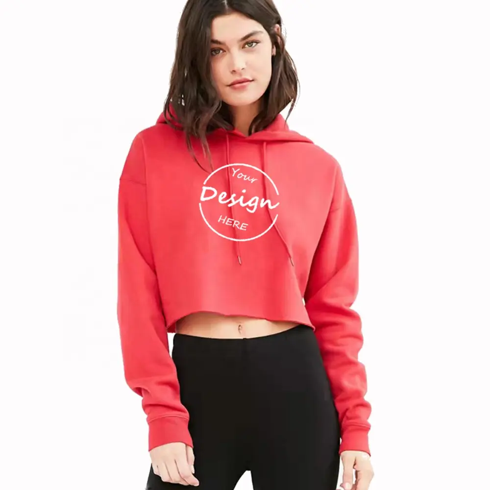 Oem Mode Streetwear Fleece Leeg Dames Hoodies Vrouwen Groothandel Custom Print Plain Black Trui Crop Top Hoodie Vrouwen