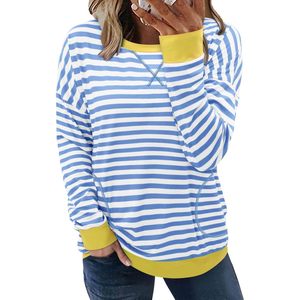FOXA Blusa de manga larga a rayas para mujer, talla grande, con bolsillo, azul, amarillo, 3XL - Product Image 2
