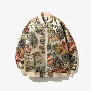 National Style Floral & Crane Chinese Style Embroidery Jacket Stand Collar Long Sleeve Bomber Jacket Men's Clothing