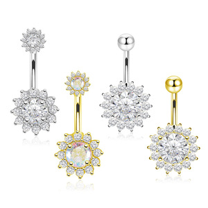 Elegante Juego de Anillos para Ombligo de Acero Inoxidable para Mujer, Diseño de Flor con Piedra Natural, Joyería Plateada para Piercing Corporal - Product Image 1