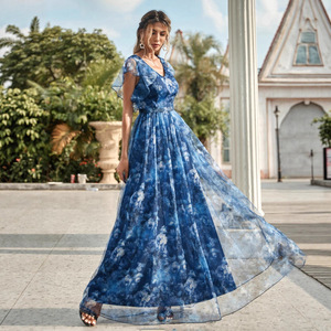 Custom evening <b>dress</b>, <b>thin</b> shoulder <b>straps</b>, V-neck printed tulle ruffled fairy <b>dress</b>, long elegant graduation season skirt - Product Image 4