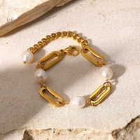 Bracelet en acier inoxydable plaqué or 18 carats avec perles d'eau douce, ensemble de bijoux tendance en métal pour femme, accessoire quotidien et de soirée