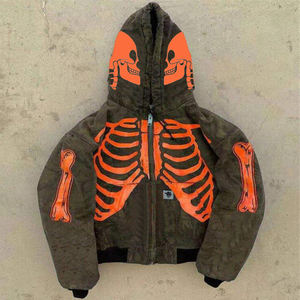 DiZNEW Custom giacca da uomo con Zip <span class=keywords><strong>Y2K</strong></span> Streetwear giacca Jeans con stampa teschio con cappuccio - Product Image 1