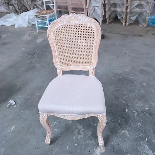 French Provincial Style Vintage Solid Wood Upholstered Linen Fabric Rattan Back Antique Dining Chair