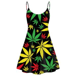 Robe moulante sexy en jersey imprimé feuilles de chanvre jaune vert tendance pour femmes, robe dos nu à bretelles, livraison directe - Product Image 1