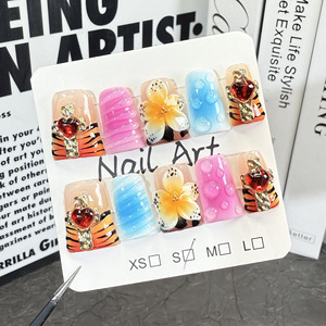 Tszs Leopard Prin Màu Hồng Pháp Nail Mẹo Y2K Phong Cách Vịt Ngắn Handmade Báo Chí Trên Móng Tay Với Gai Thiên Thần Hoa Charms Thạch - Product Image 2