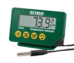 Indicateur de température étanche Extech TM20 IP65 avec sonde en acier inoxydable de 20 mm, câble de 2,9 m, alarme Min/Max pour laboratoires - Product Image 1