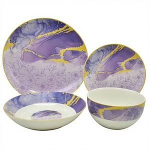 Vente en gros de services de table en céramique écologique, design personnalisé, vaisselle en porcelaine violette et jaune, compatible micro-ondes - Product Image 1