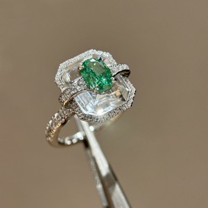 White <b>Crystal</b> Tsavorite Green Oval Diamond <b>Ring</b> With Silver Plated Gold Geometric Design For Women Engagement Jewelry - Product Image 4