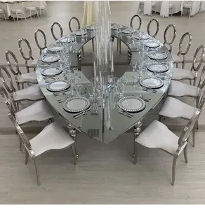 椭圆形不锈钢框架玻璃顶级婚礼餐桌椅套装