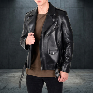 Blouson de motard en cuir véritable pour homme, en peau de vache, col montant, logo frontal, fermeture éclair, manches longues, vêtement d'extérieur d'hiver - Product Image 2