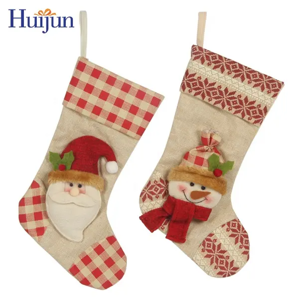 Wholesale Jute Christmas Stocking With Stereoscopic 3D Santa and Snowman For Embroidery Christmas Decoration Supplies Xmas Sock