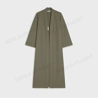 Élégante Abaya Musulmane Vert Olive Personnalisée, Ensemble 2 Pièces Premium Mat Kimono Ouvert Anti-Plis, Tenue Pudique pour le Quotidien et l'Aïd