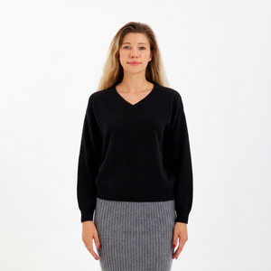 Pull en cachemire à col en V et manches longues pour femme, style décontracté, minimaliste, tricoté uni, idéal pour l'hiver, anti-boulochage, coupe classique - Product Image 1
