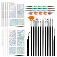 Kit professionnel d'outils pour nail art 15 pinceaux 5 stylos à points 24 autocollants et strass 24 styles Pinces Kit de manucure DIY