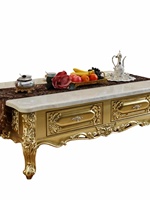 Table basse en bois massif de style européen avec détails sculptés en marbre naturel, meubles de salon, tiroirs C08a