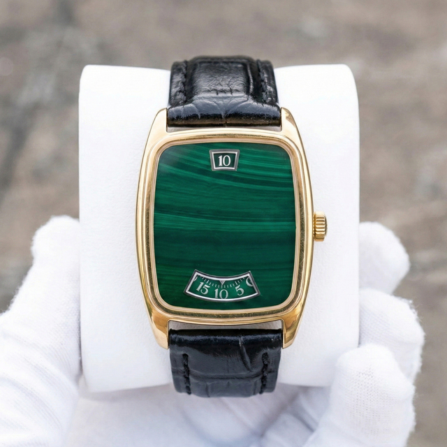 Luxury Vintage Men's Mechanical Automatic Jumping Hours Watches Green Malachite Dial Gold Rectangle Wristwatch Logo Customized